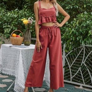 Solid Ruffle Hem Shirred Top & Wide Leg Pants Set